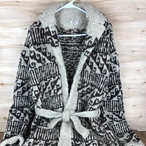 Vtg 70's Artisan Hand Knit Cowichan Style Wool Southwest Belted Cardigan Sweater